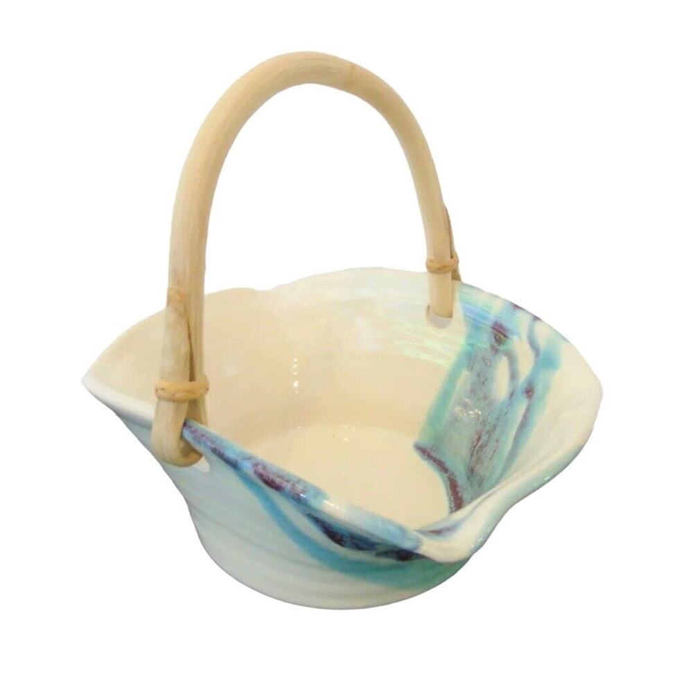 Studio Art Pottery Basket Bamboo Handle 8" Blue Cream Artist Signed Candy Dish
